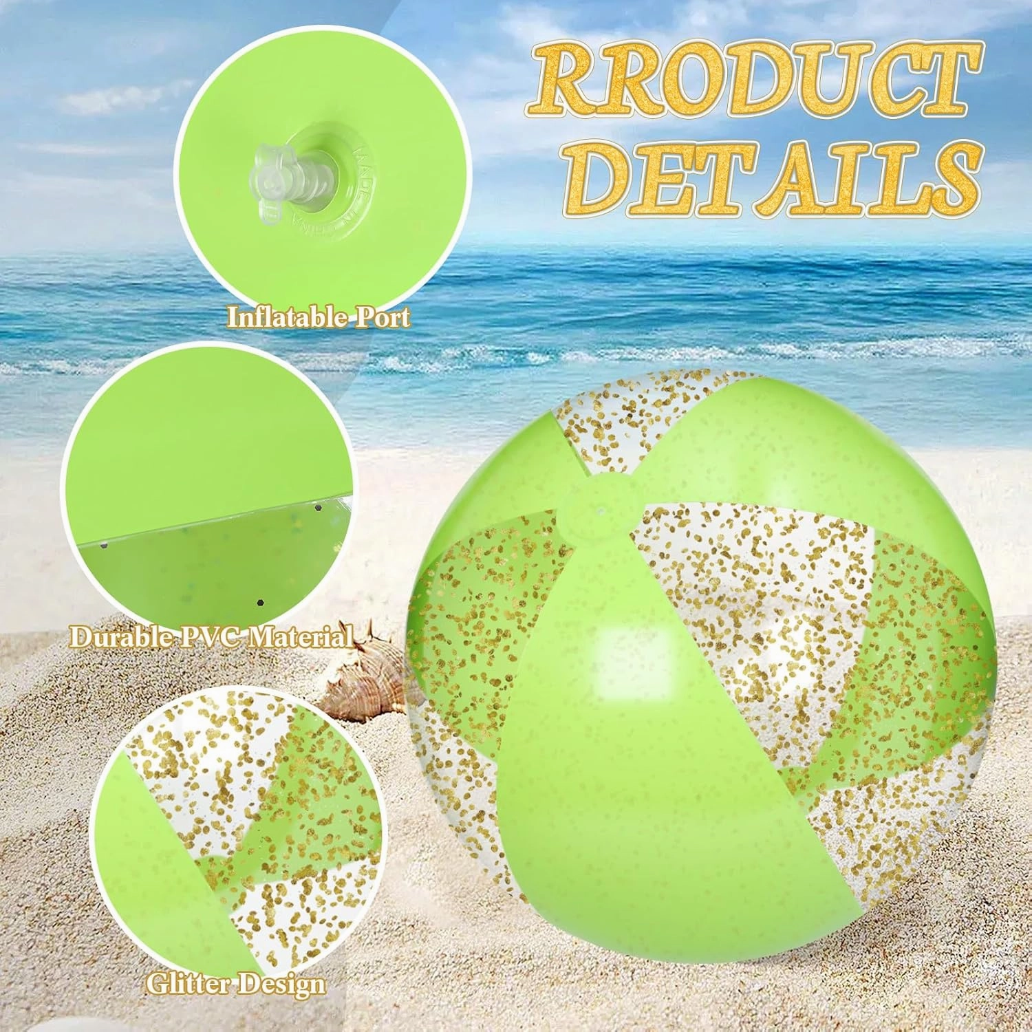 2 Pcs 48'' Giant Beach Balls for Swimming Pool 4 Ft Jumbo Glitter Confetti Inflatable PVC Pool Balls Large Summer Blow up Beach Toys for Adults Summer Outdoor Party Favor(Green)