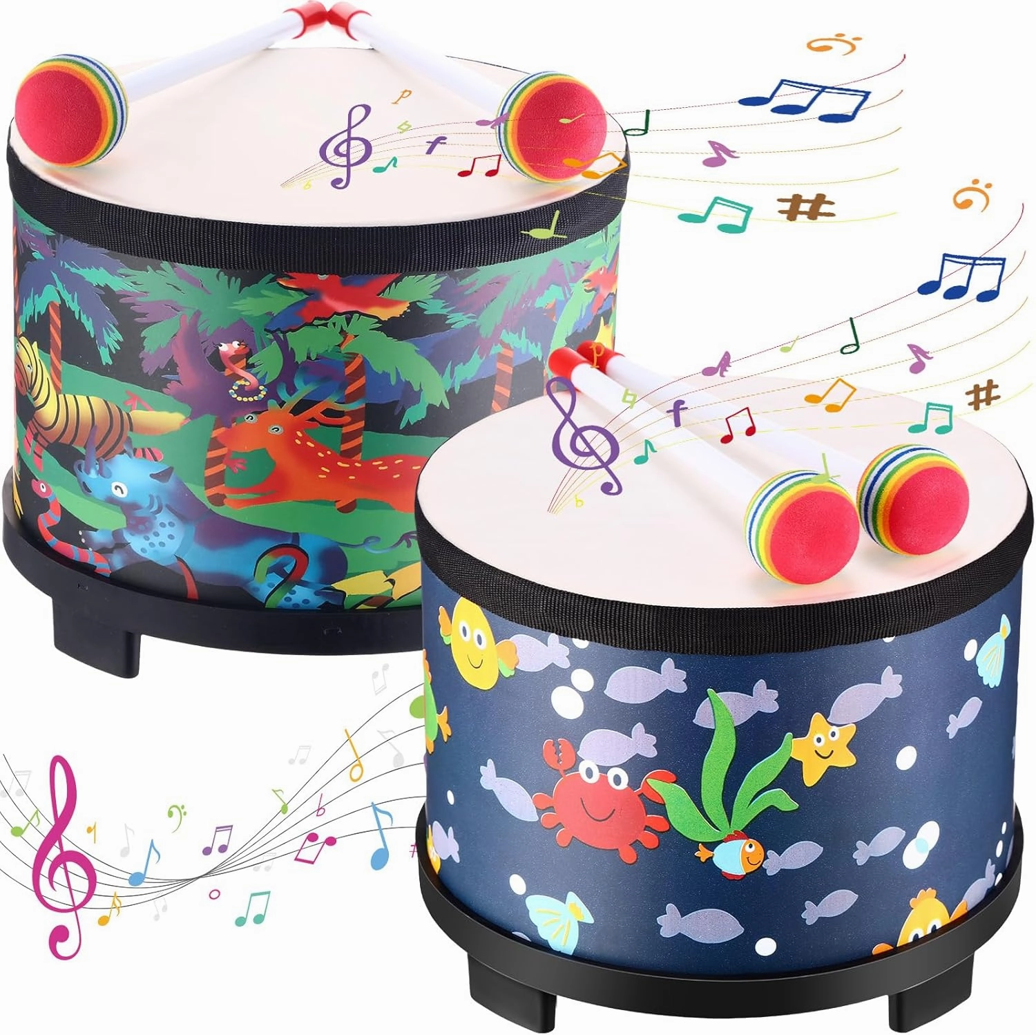 2 Pcs Drum for Toddlers Ages1-6,8 Inch Percussion Instrument Music with 4 Mallets, Floor Tom Drum Set Music Toys Sensory Percussion Musical Instruments, Boys & Girls Birthday Gifts
