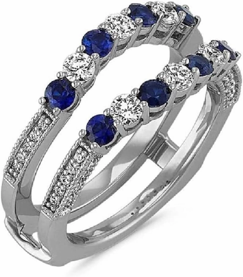 2Ct Round Cut Created Blue Sapphire & Diamond Vintage Enhancer Wrap Engagement Wedding Ring For Womens 925 Sterling Silver, White