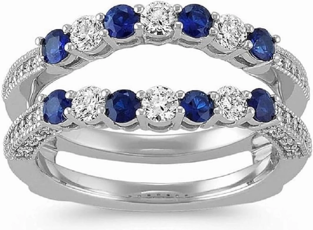 2Ct Round Cut Created Blue Sapphire & Diamond Vintage Enhancer Wrap Engagement Wedding Ring For Womens 925 Sterling Silver, White