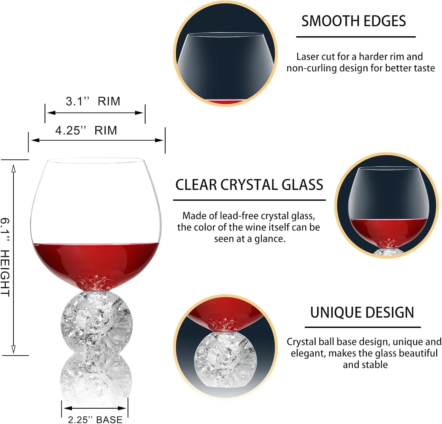 2Pack 20oz Stemless Wine Glasses with Crystal Crackle Ball Base, Premium Lead-free Juice Glass, Red & White Wine Glasses for Daily Use, Party, Home Bar, Wedding, Shower, Birthday, Christmas Gift