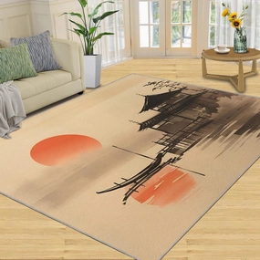 2x4 Lakeside Pagoda Runner Rug - Sumi-e Minimalism Rugs for Entryway, Zen Eastern Silhouette Kitchen Runner Rug Soft Non Slip Anti Fatigue for Laundry Room Indoor Hallways