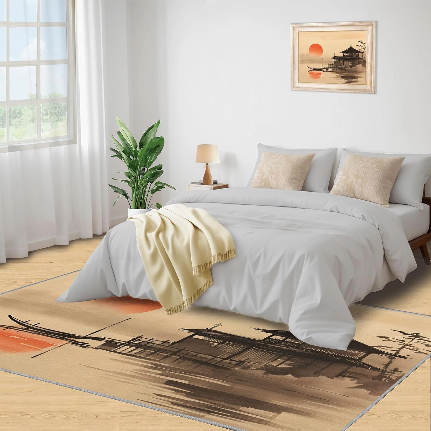 2x4 Lakeside Pagoda Runner Rug - Sumi-e Minimalism Rugs for Entryway, Zen Eastern Silhouette Kitchen Runner Rug Soft Non Slip Anti Fatigue for Laundry Room Indoor Hallways