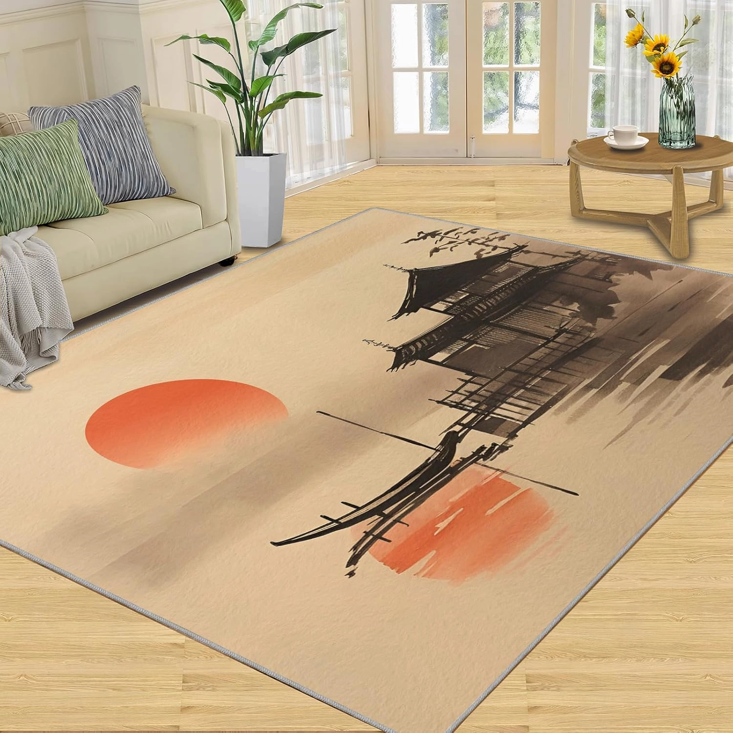 2x4 Lakeside Pagoda Runner Rug - Sumi-e Minimalism Rugs for Entryway, Zen Eastern Silhouette Kitchen Runner Rug Soft Non Slip Anti Fatigue for Laundry Room Indoor Hallways
