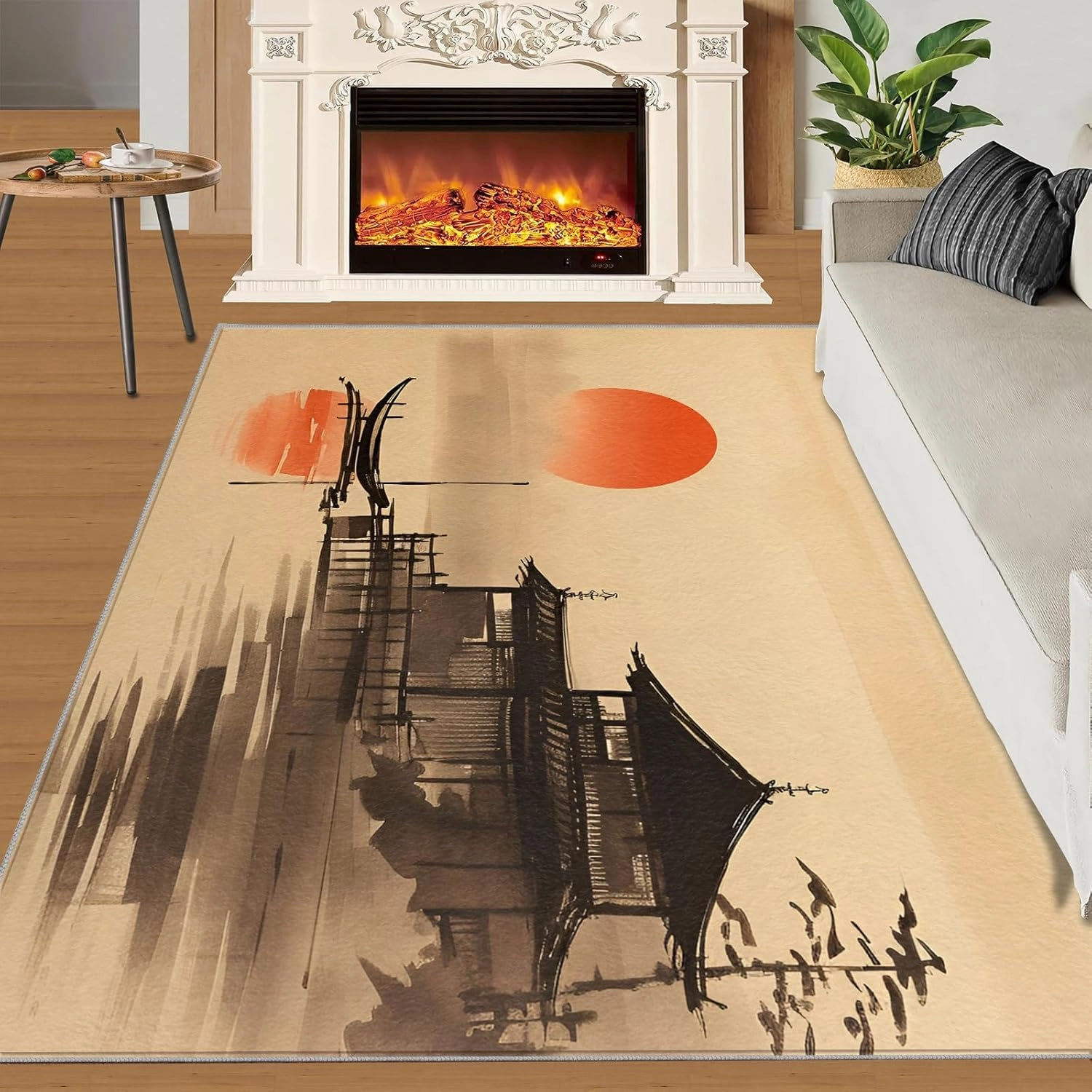 2x4 Lakeside Pagoda Runner Rug - Sumi-e Minimalism Rugs for Entryway, Zen Eastern Silhouette Kitchen Runner Rug Soft Non Slip Anti Fatigue for Laundry Room Indoor Hallways