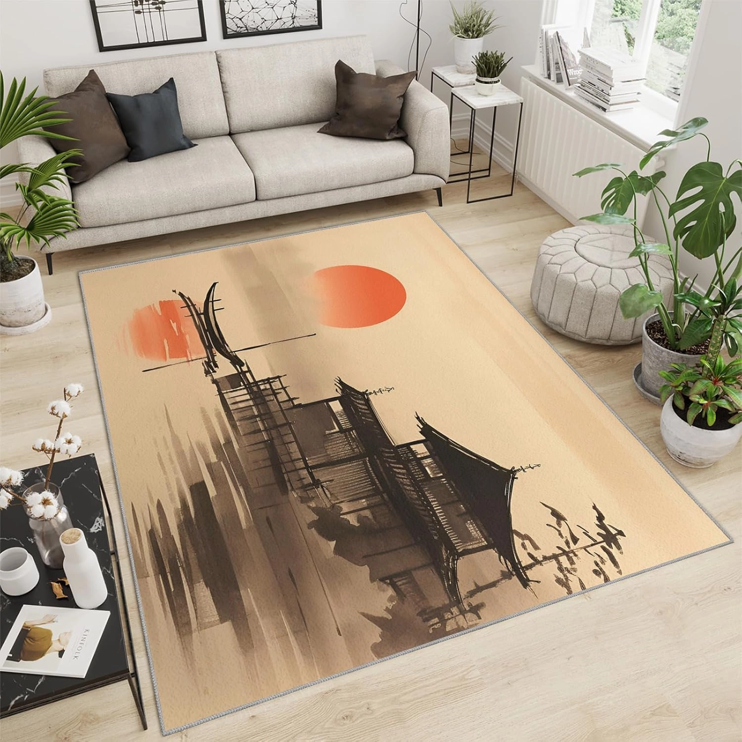 2x4 Lakeside Pagoda Runner Rug - Sumi-e Minimalism Rugs for Entryway, Zen Eastern Silhouette Kitchen Runner Rug Soft Non Slip Anti Fatigue for Laundry Room Indoor Hallways