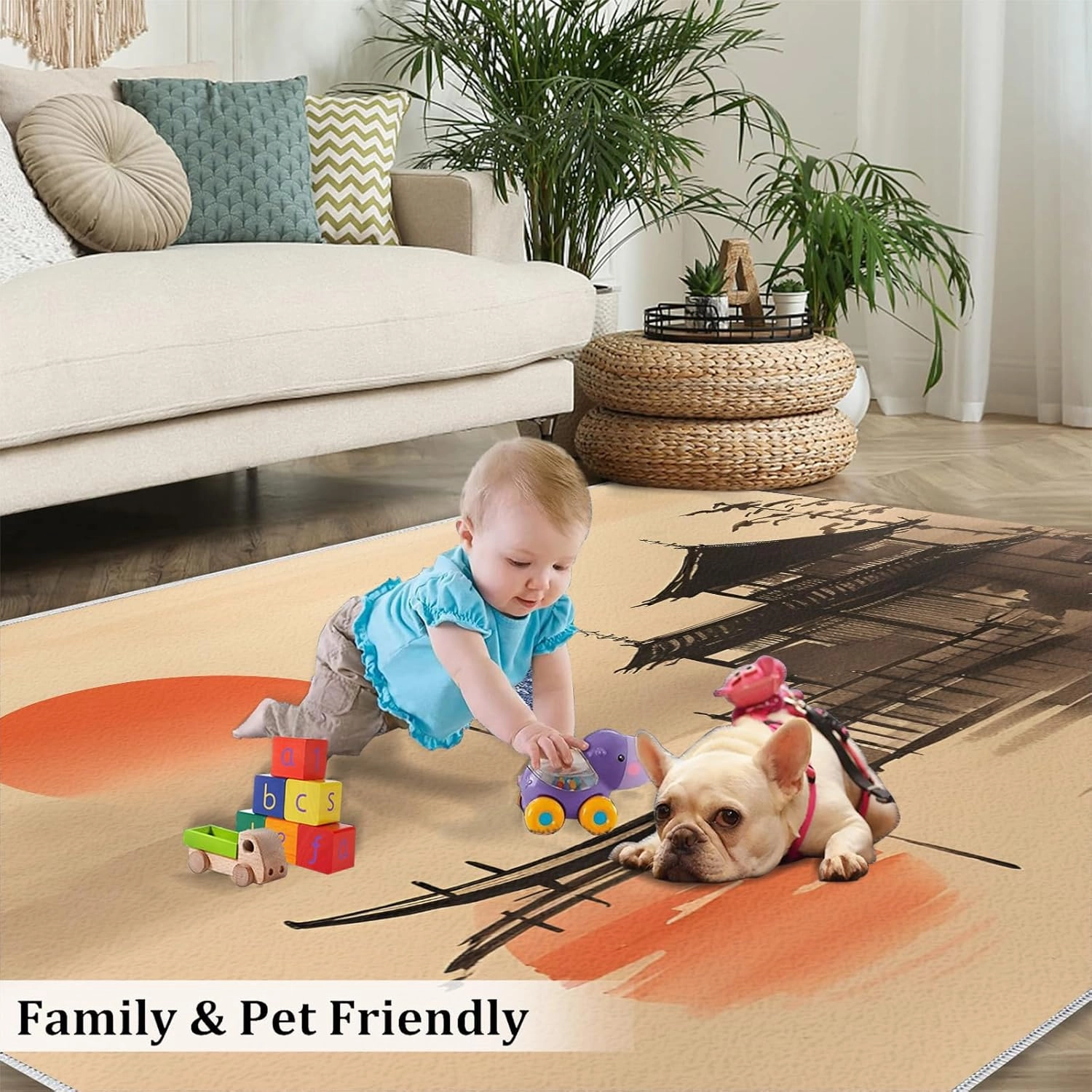 2x4 Lakeside Pagoda Runner Rug - Sumi-e Minimalism Rugs for Entryway, Zen Eastern Silhouette Kitchen Runner Rug Soft Non Slip Anti Fatigue for Laundry Room Indoor Hallways
