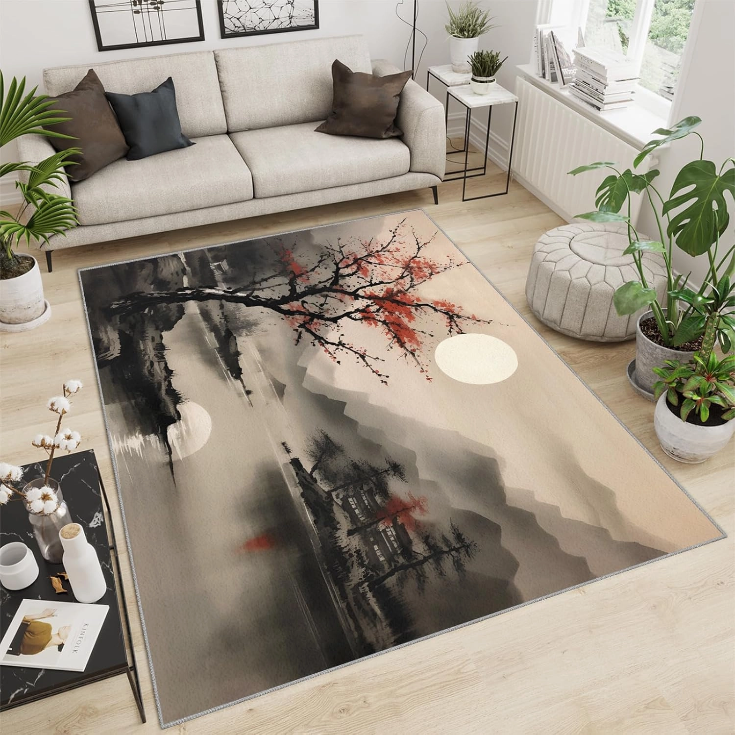2x4 Moonlit Ink-Wash Runner Rug - Eastern Landscape Rugs for Entryway, Zen Minimalism Kitchen Runner Rug Soft Non Slip Anti Fatigue for Laundry Room Indoor Hallways