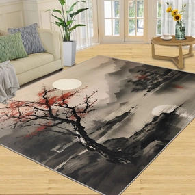 2x4 Moonlit Ink-Wash Runner Rug - Eastern Landscape Rugs for Entryway, Zen Minimalism Kitchen Runner Rug Soft Non Slip Anti Fatigue for Laundry Room Indoor Hallways