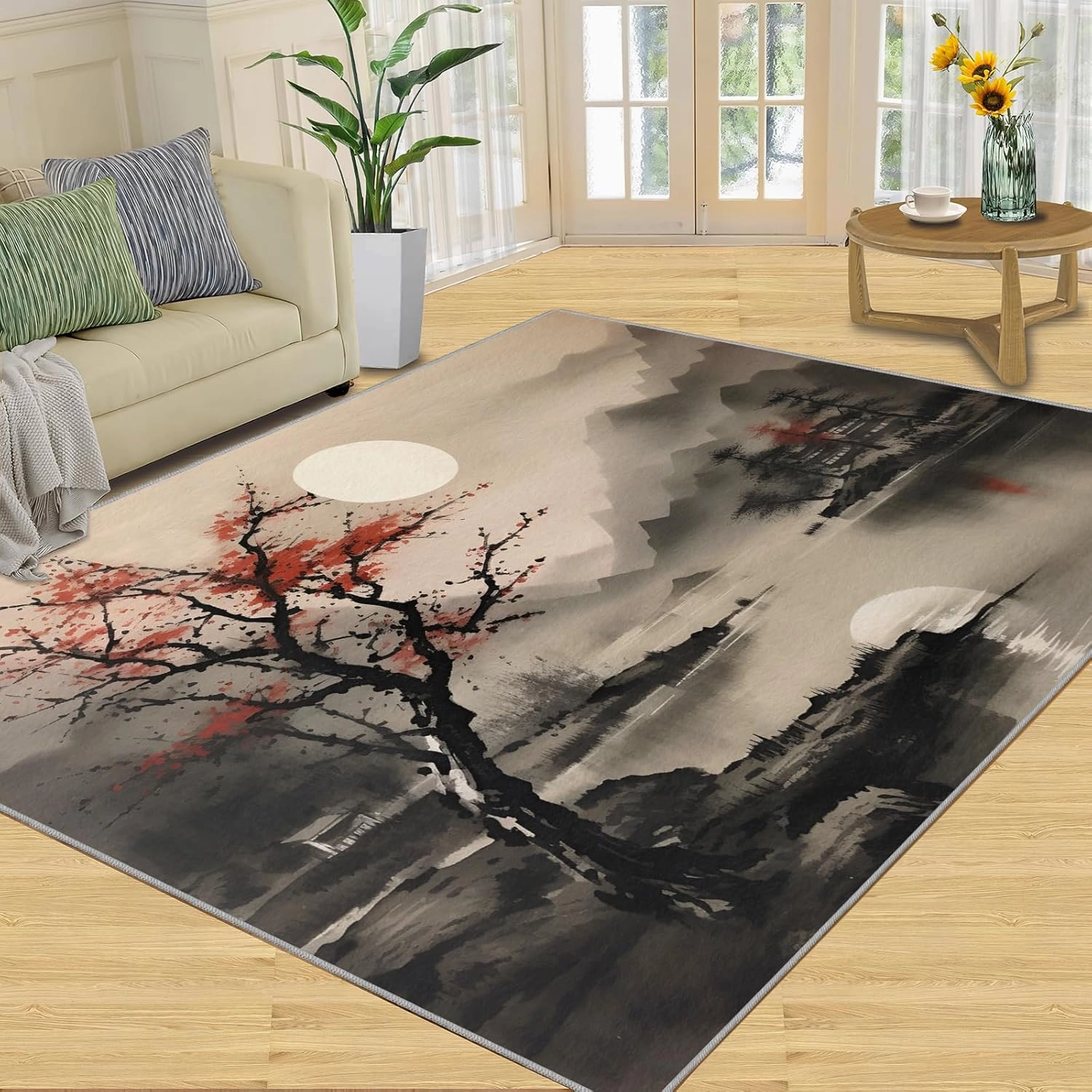 2x4 Moonlit Ink-Wash Runner Rug - Eastern Landscape Rugs for Entryway, Zen Minimalism Kitchen Runner Rug Soft Non Slip Anti Fatigue for Laundry Room Indoor Hallways