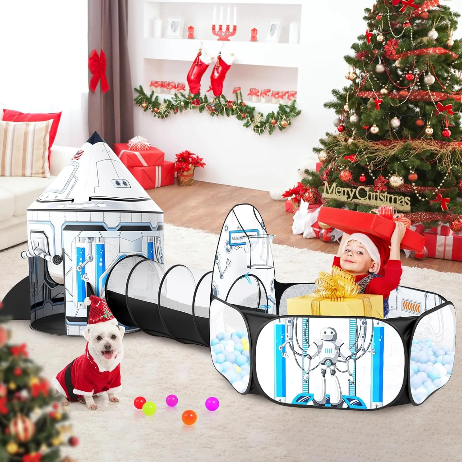3 in 1 Kids Play Tent for Toddler - Baby Ball Pit Toddler Tunnel Spaceship Tent - Pop Up Kids Playhouse for Boys Girls Gift - Collapsible Children Tunnel Toy Indoor Outdoor (3pcs Rocket Tents)