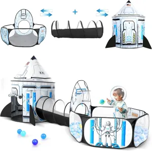 3 in 1 Kids Play Tent for Toddler - Baby Ball Pit Toddler Tunnel Spaceship Tent - Pop Up Kids Playhouse for Boys Girls Gift - Collapsible Children Tunnel Toy Indoor Outdoor (3pcs Rocket Tents)