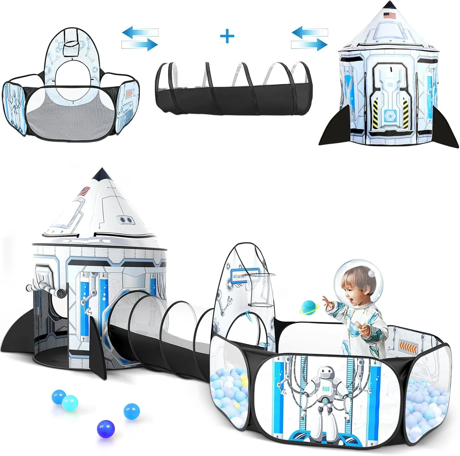 3 in 1 Kids Play Tent for Toddler - Baby Ball Pit Toddler Tunnel Spaceship Tent - Pop Up Kids Playhouse for Boys Girls Gift - Collapsible Children Tunnel Toy Indoor Outdoor (3pcs Rocket Tents)