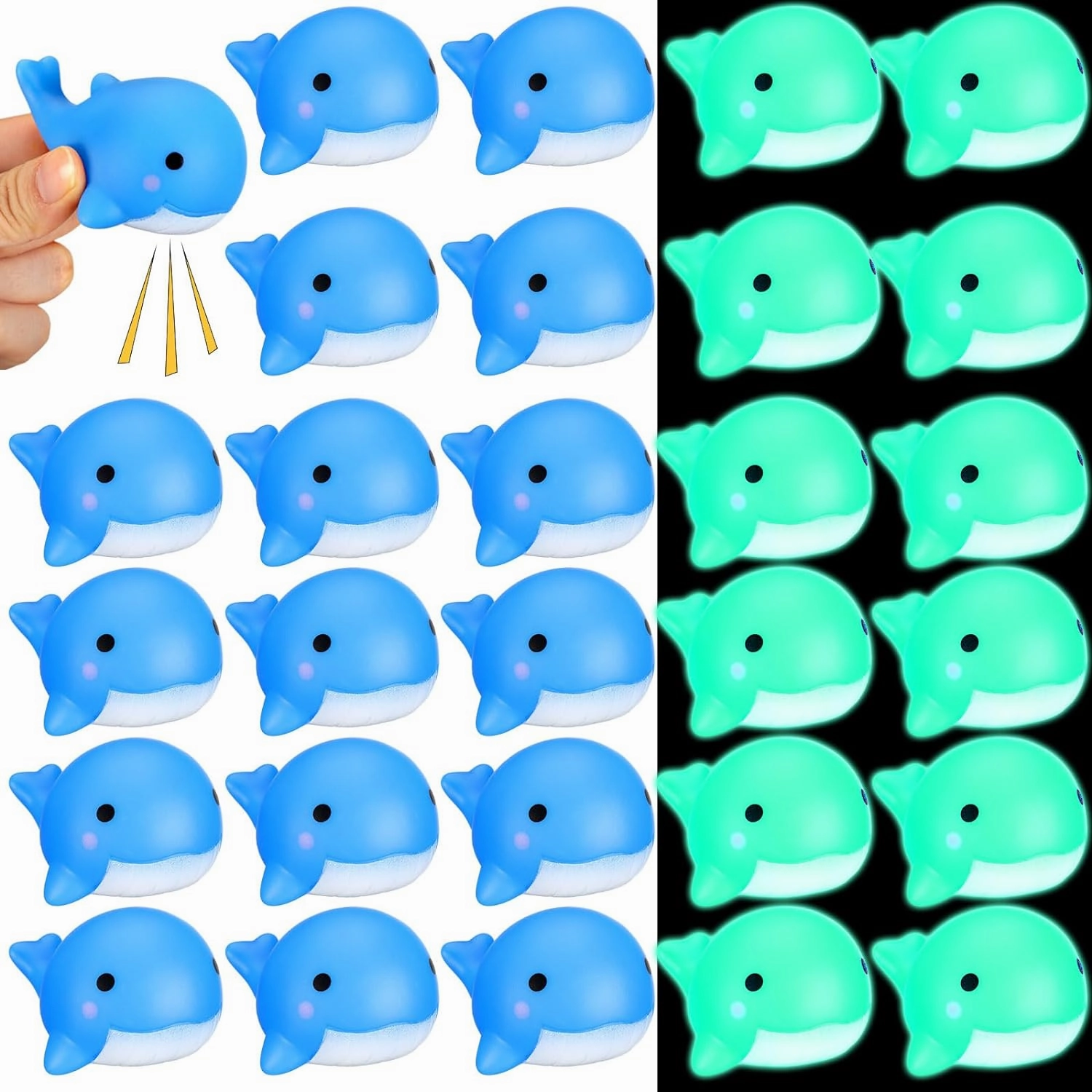 30 Pcs Whale Rubber Bath Toys Glow in The Dark Mini Sea Animal Blue Squeezable Squeak Toys for Beach Pool Shower Play Floating Favors Carnival Decoration
