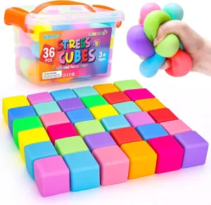 36 Pack Slow Rising Stress Cube, Dough Stress Balls Squishy Fidget Toys Bulk for Anxiety Relief, Soft Fidget Cube, Pull Stretch Squishy Toys for Classroom Must Haves, Party Favors for Kids Adults