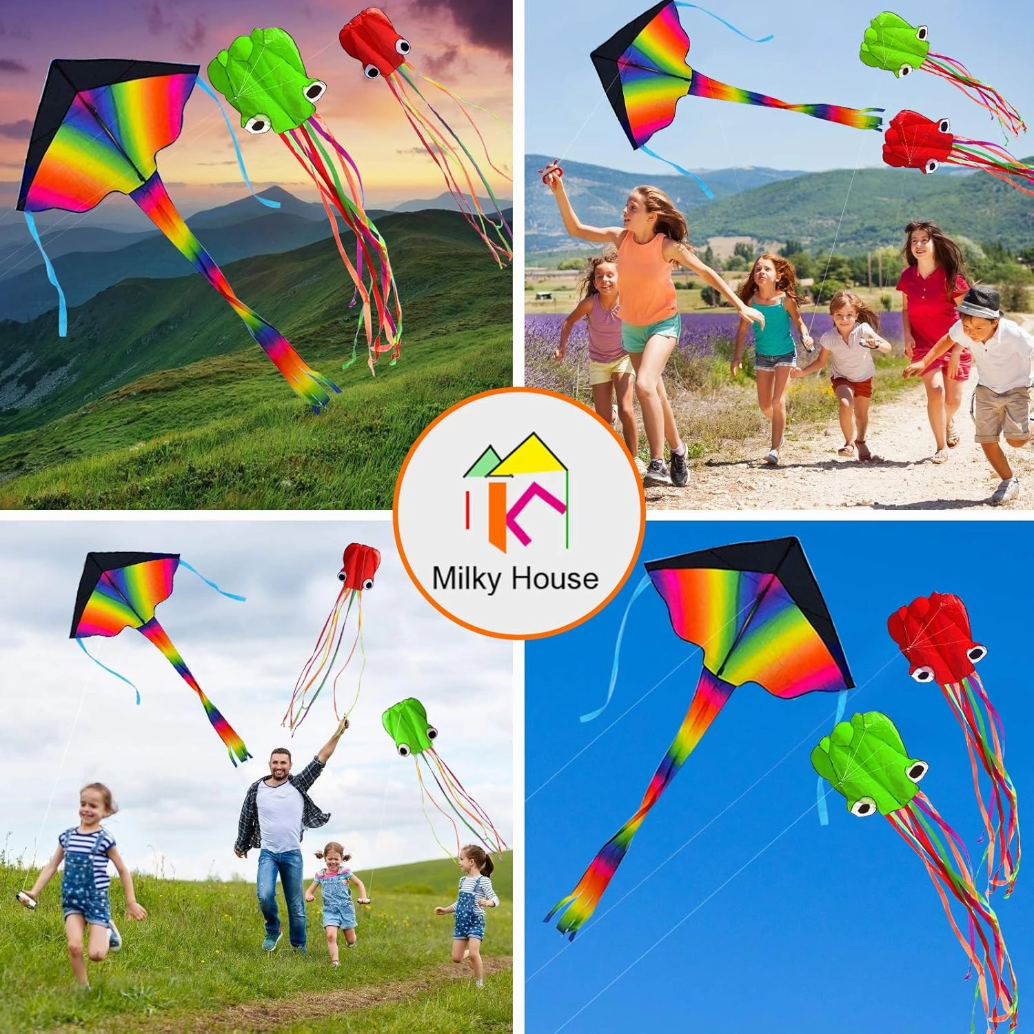 3 Pack Octopus Kite - 3D Beach Kites for People & Kids (Blue, Green, Red) - Easy to Fly, Kite Kit with 100M String
