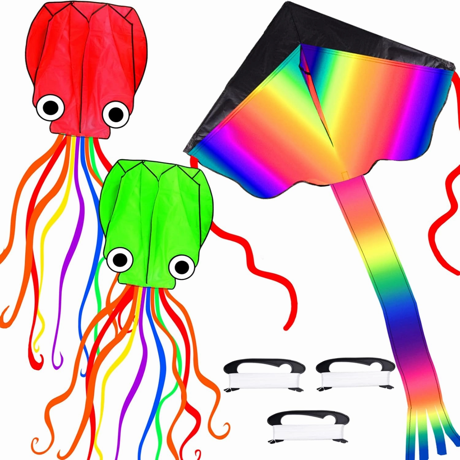 3 Pack Octopus Kite - 3D Beach Kites for People & Kids (Blue, Green, Red) - Easy to Fly, Kite Kit with 100M String