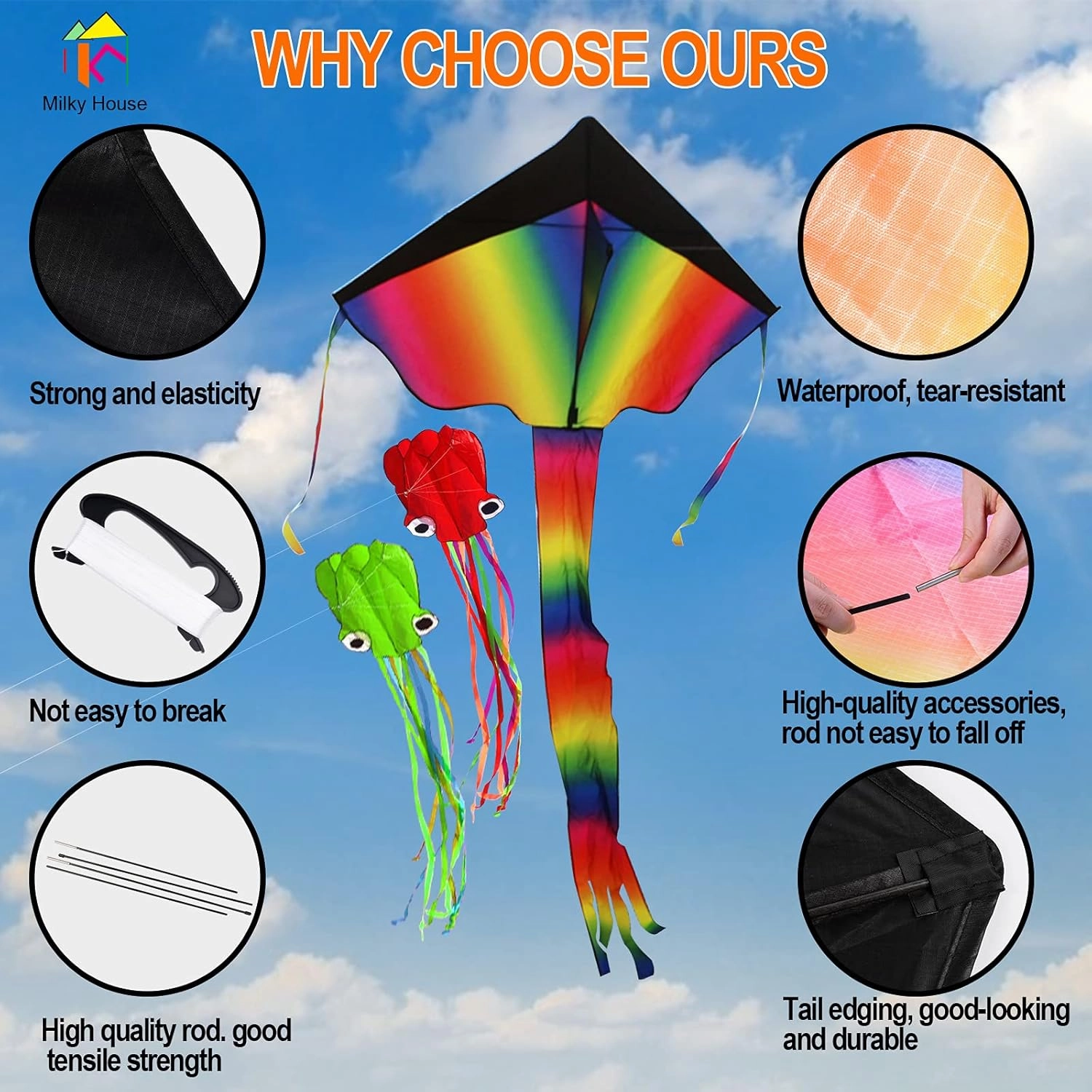 3 Pack Octopus Kite - 3D Beach Kites for People & Kids (Blue, Green, Red) - Easy to Fly, Kite Kit with 100M String