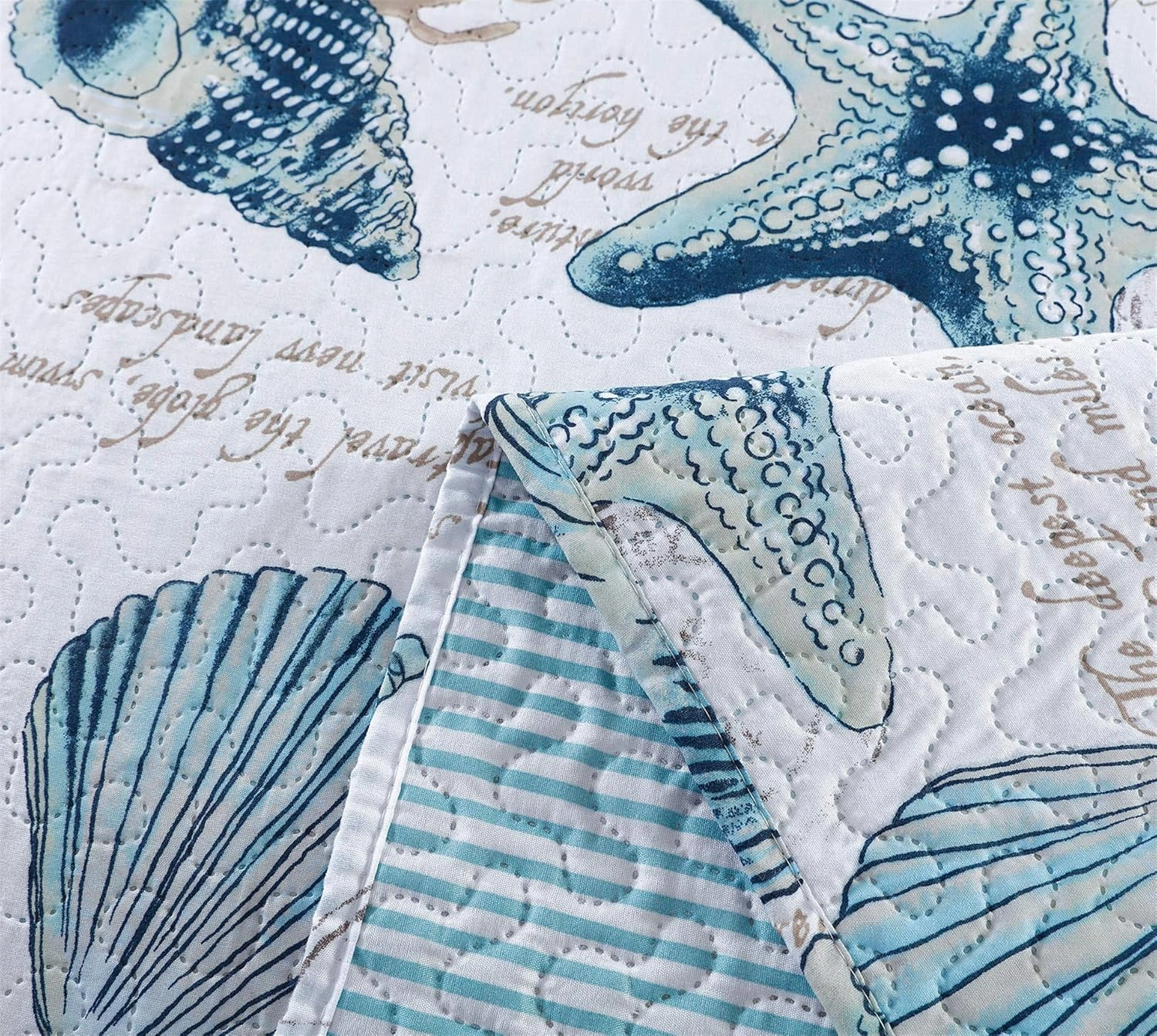 3-Piece Reversible Nautical Theme Bedspread Coverlet Queen(90x90 Inches),Blue-Green Seashells Coral Beach Bedding Sets,Lightweight Quilt Set Bed Cover,Coastal Bed Set for All Seasons(Cyan,Full/Queen)