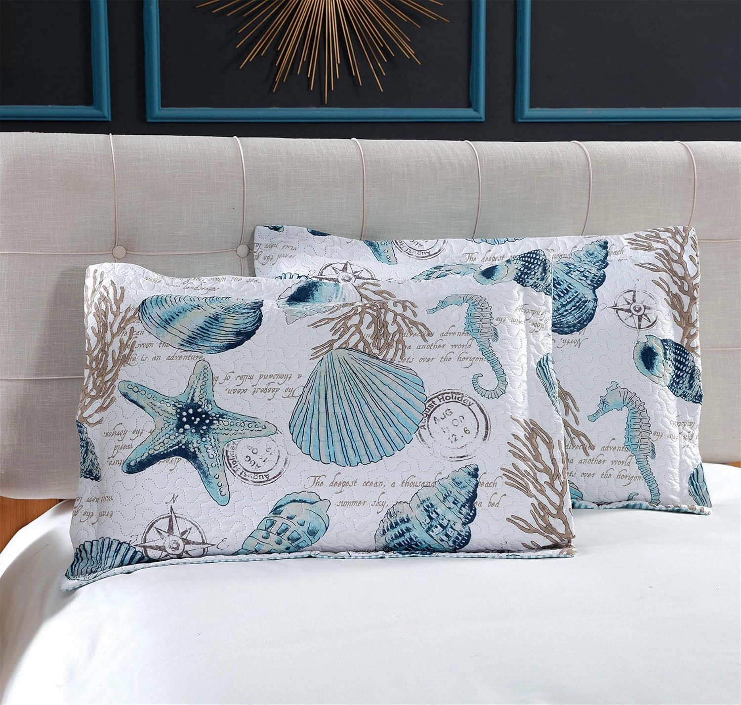 3-Piece Reversible Nautical Theme Bedspread Coverlet Queen(90x90 Inches),Blue-Green Seashells Coral Beach Bedding Sets,Lightweight Quilt Set Bed Cover,Coastal Bed Set for All Seasons(Cyan,Full/Queen)