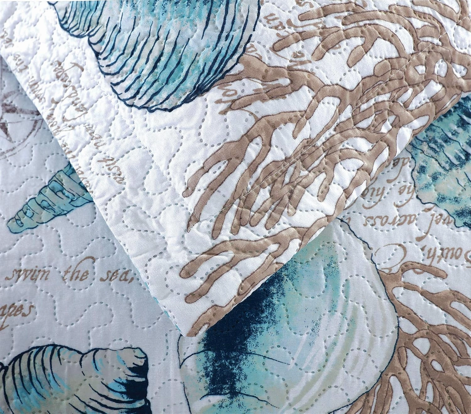 3-Piece Reversible Nautical Theme Bedspread Coverlet Queen(90x90 Inches),Blue-Green Seashells Coral Beach Bedding Sets,Lightweight Quilt Set Bed Cover,Coastal Bed Set for All Seasons(Cyan,Full/Queen)