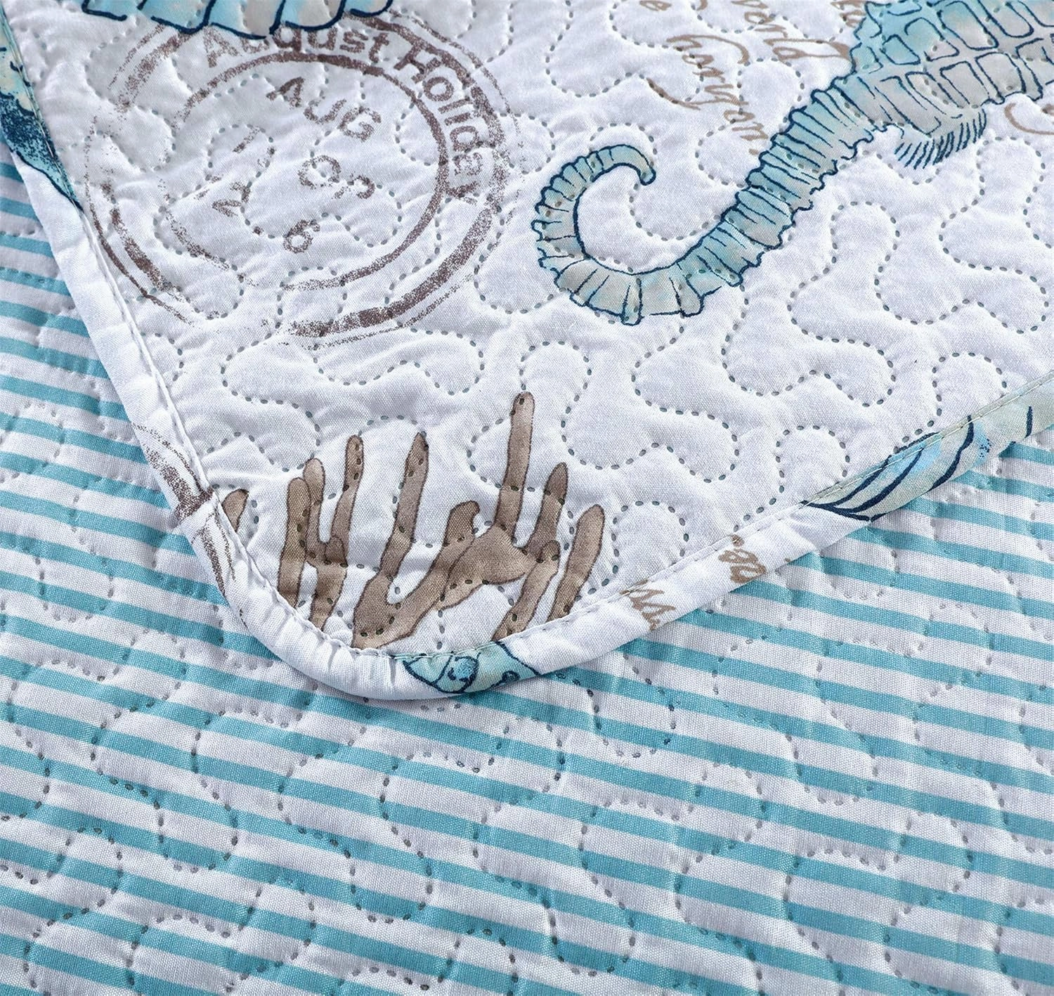 3-Piece Reversible Nautical Theme Bedspread Coverlet Queen(90x90 Inches),Blue-Green Seashells Coral Beach Bedding Sets,Lightweight Quilt Set Bed Cover,Coastal Bed Set for All Seasons(Cyan,Full/Queen)