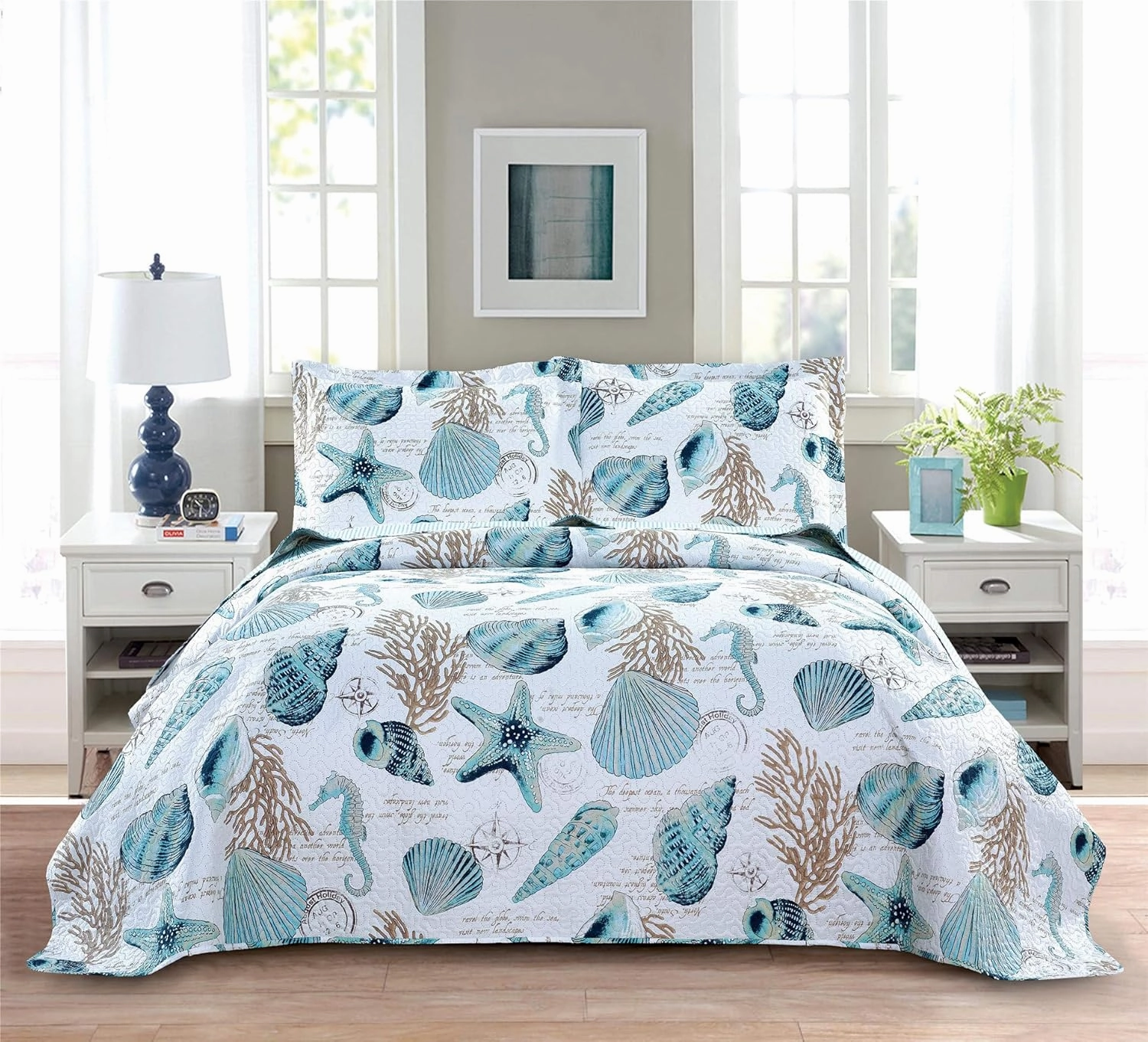 3-Piece Reversible Nautical Theme Bedspread Coverlet Queen(90x90 Inches),Blue-Green Seashells Coral Beach Bedding Sets,Lightweight Quilt Set Bed Cover,Coastal Bed Set for All Seasons(Cyan,Full/Queen)