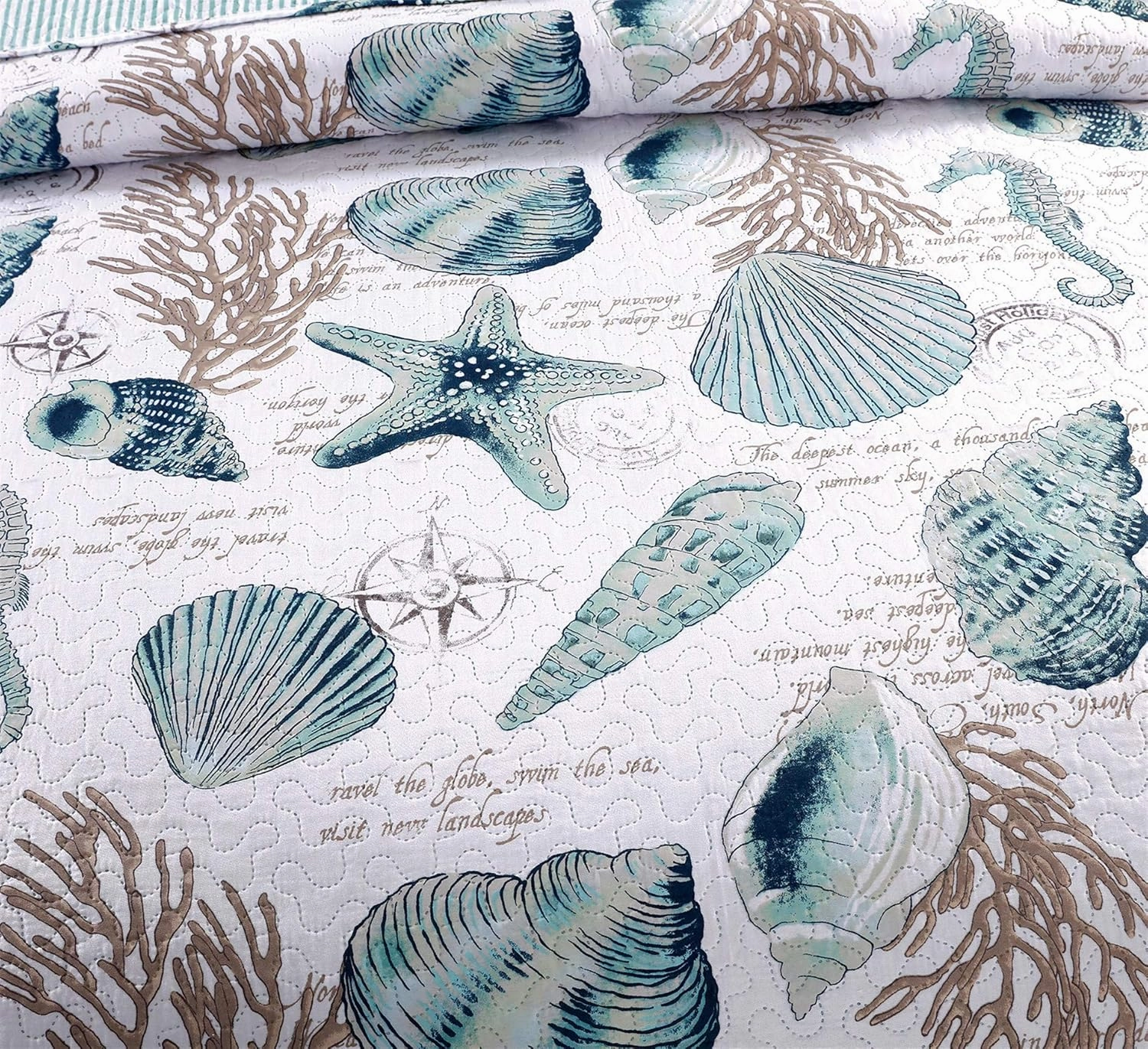 3-Piece Reversible Nautical Theme Bedspread Coverlet Queen(90x90 Inches),Blue-Green Seashells Coral Beach Bedding Sets,Lightweight Quilt Set Bed Cover,Coastal Bed Set for All Seasons(Cyan,Full/Queen)