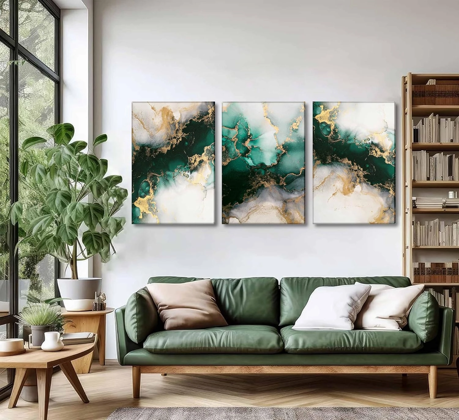 3 Piecs Emerald Green and Gold Canvas Wall Art Modern Abstract Glam Fluid Marble Painting Pictures Living room Wall Decor Posters Prints for Bedroom Bathroom Office Home Decoration