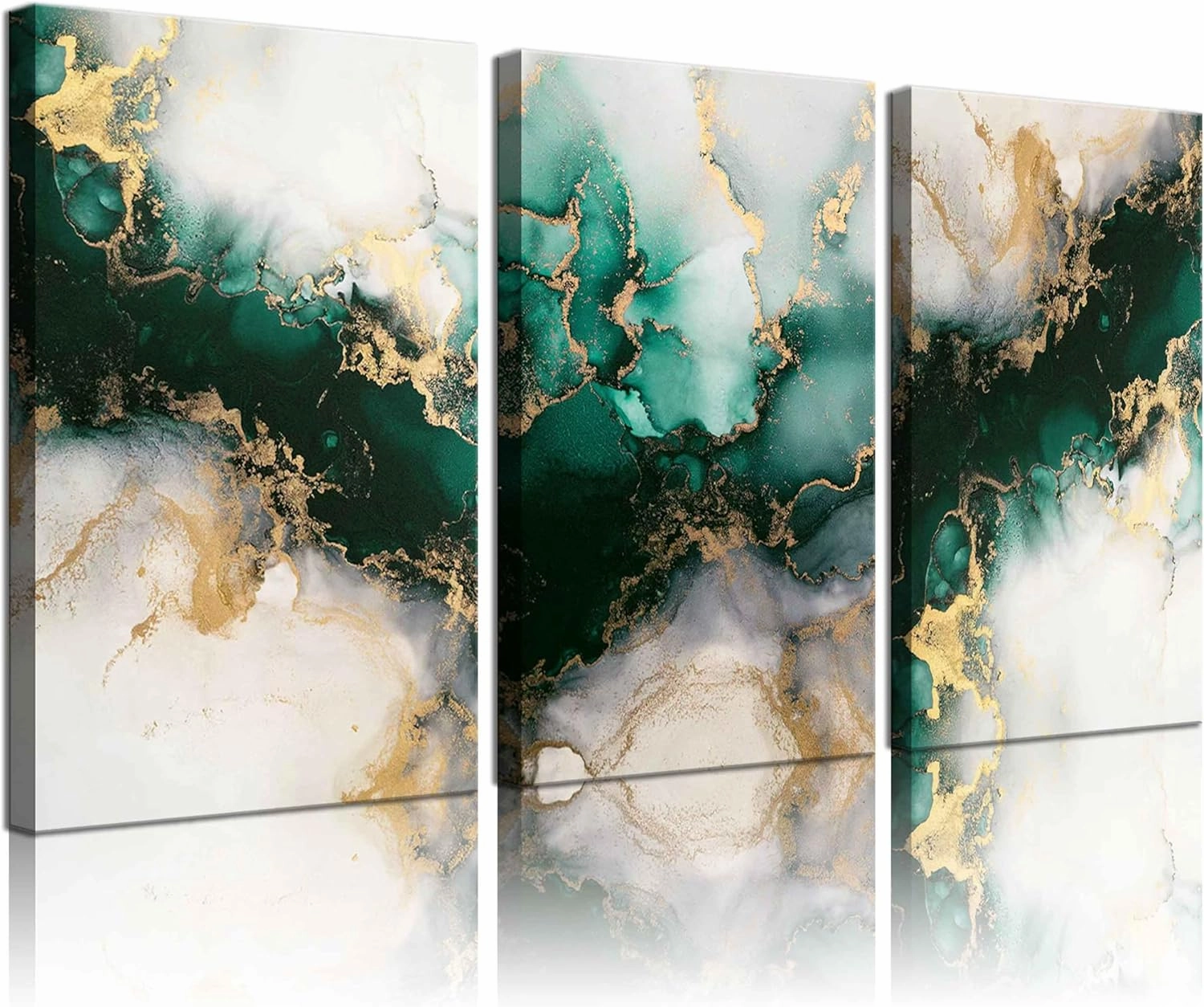 3 Piecs Emerald Green and Gold Canvas Wall Art Modern Abstract Glam Fluid Marble Painting Pictures Living room Wall Decor Posters Prints for Bedroom Bathroom Office Home Decoration