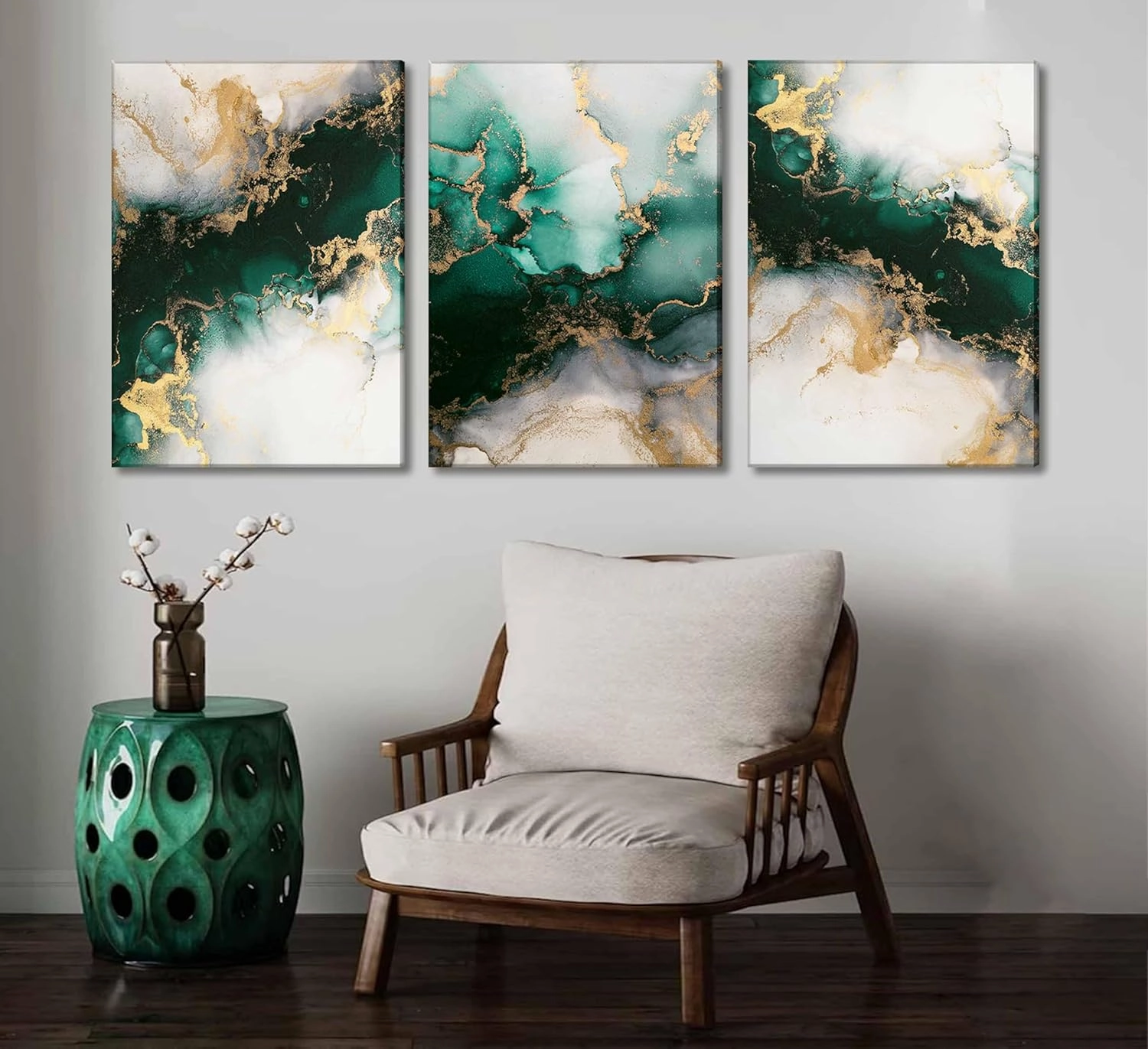 3 Piecs Emerald Green and Gold Canvas Wall Art Modern Abstract Glam Fluid Marble Painting Pictures Living room Wall Decor Posters Prints for Bedroom Bathroom Office Home Decoration