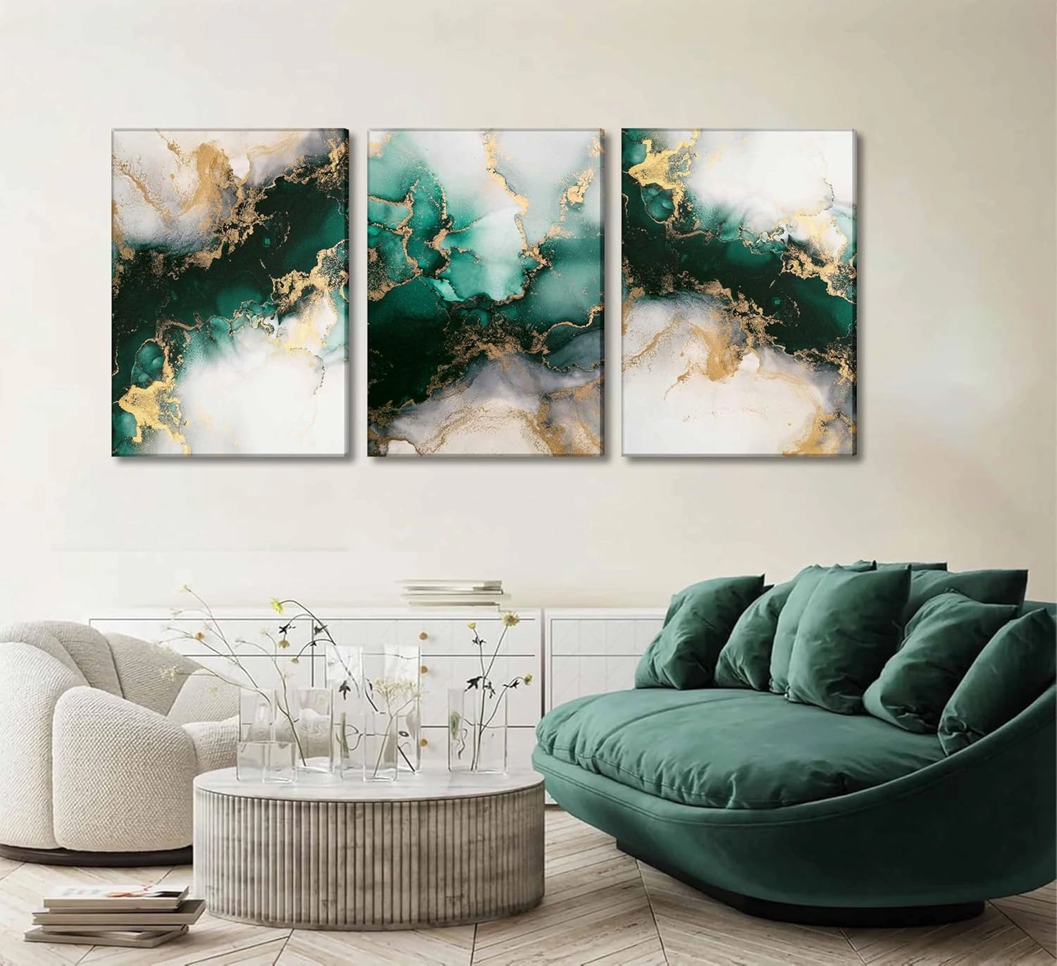 3 Piecs Emerald Green and Gold Canvas Wall Art Modern Abstract Glam Fluid Marble Painting Pictures Living room Wall Decor Posters Prints for Bedroom Bathroom Office Home Decoration