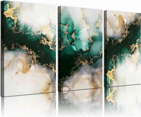 3 Piecs Emerald Green and Gold Canvas Wall Art Modern Abstract Glam Fluid Marble Painting Pictures Living room Wall Decor Posters Prints for Bedroom Bathroom Office Home Decoration