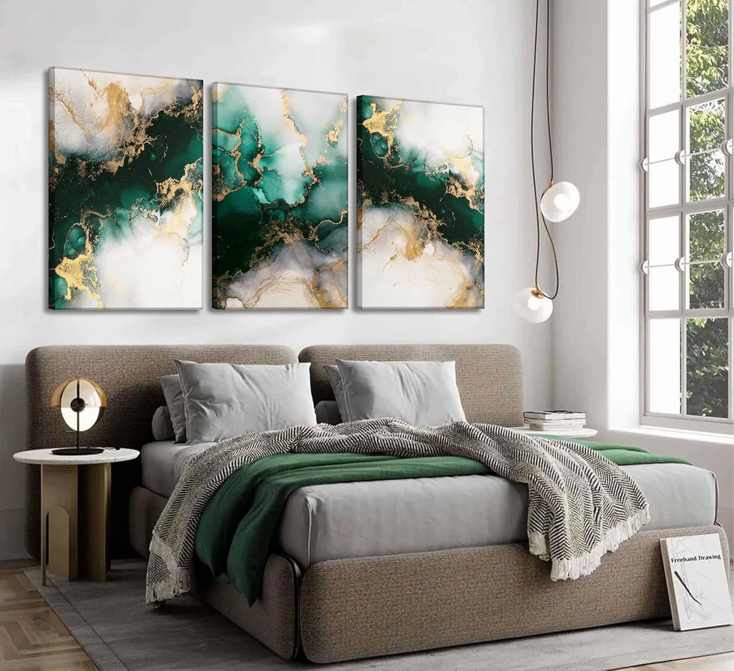 3 Piecs Emerald Green and Gold Canvas Wall Art Modern Abstract Glam Fluid Marble Painting Pictures Living room Wall Decor Posters Prints for Bedroom Bathroom Office Home Decoration