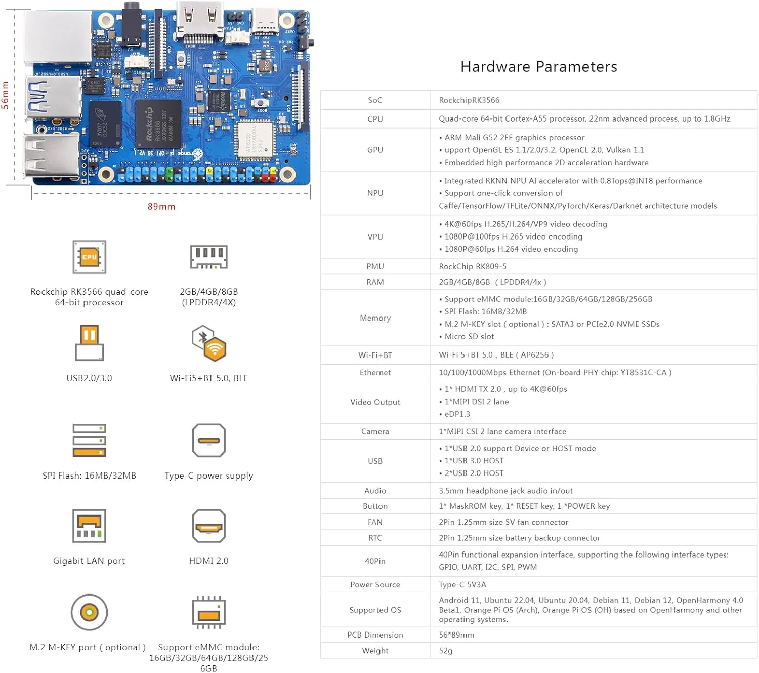 3B 4G V2.1 Version RK3566 Quad Core 64 Bit Single Board Computer, 1.8 GHz Frequency WiFi Bluetooth Open Source Board Run Orange Pi OS, Android, Debian, Ubuntu, OpenHarmony (Pi 3B 4GB)
