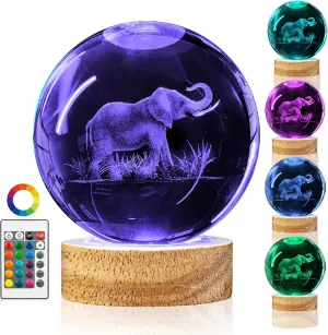3D Elephant Crystal Ball Night Light Elephant Gifts for Women Upgraded 3.15 In Elephant Glass Ball Lamp with 16 Color and Remote Elephant Figurine Home Room Decor Birthday Christmas Gifts for Boy Girl