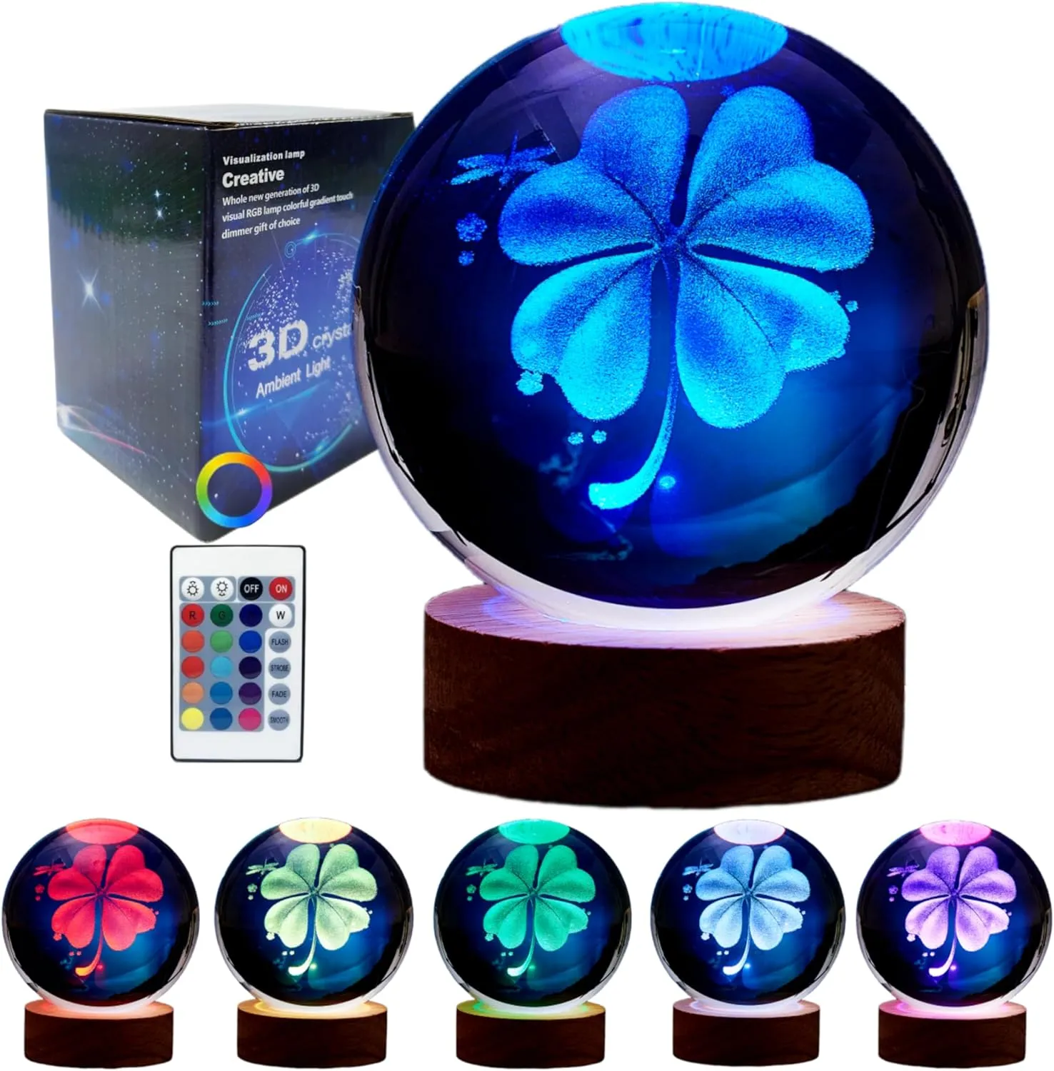 3D Four-Leaf Clover Crystal Ball Lamp,Lifelike 3D LED Clover Night Light,16 Colors Changing Light,Dimmable Remote Control,Clover Lamp Gift (Four-Leaf Clover)