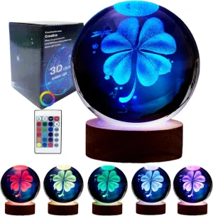 3D Four-Leaf Clover Crystal Ball Lamp,Lifelike 3D LED Clover Night Light,16 Colors Changing Light,Dimmable Remote Control,Clover Lamp Gift (Four-Leaf Clover)