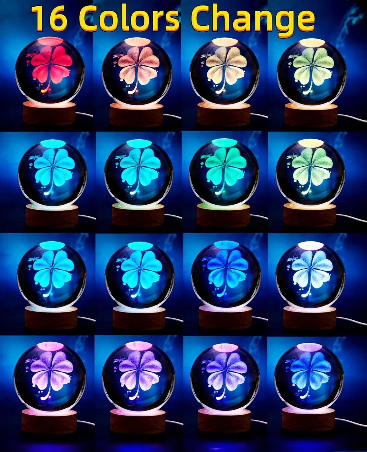 3D Four-Leaf Clover Crystal Ball Lamp,Lifelike 3D LED Clover Night Light,16 Colors Changing Light,Dimmable Remote Control,Clover Lamp Gift (Four-Leaf Clover)