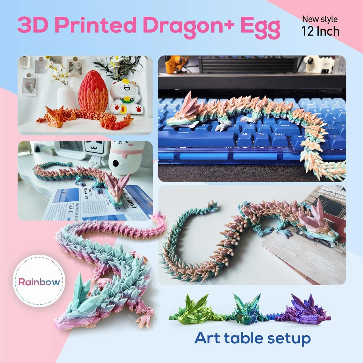 3D Printed Dragon,Dragon Eggs with Dragon Inside,Surprise Dragon Egg Toy,12'' Full Articulated Crystal 3D Dragonls
