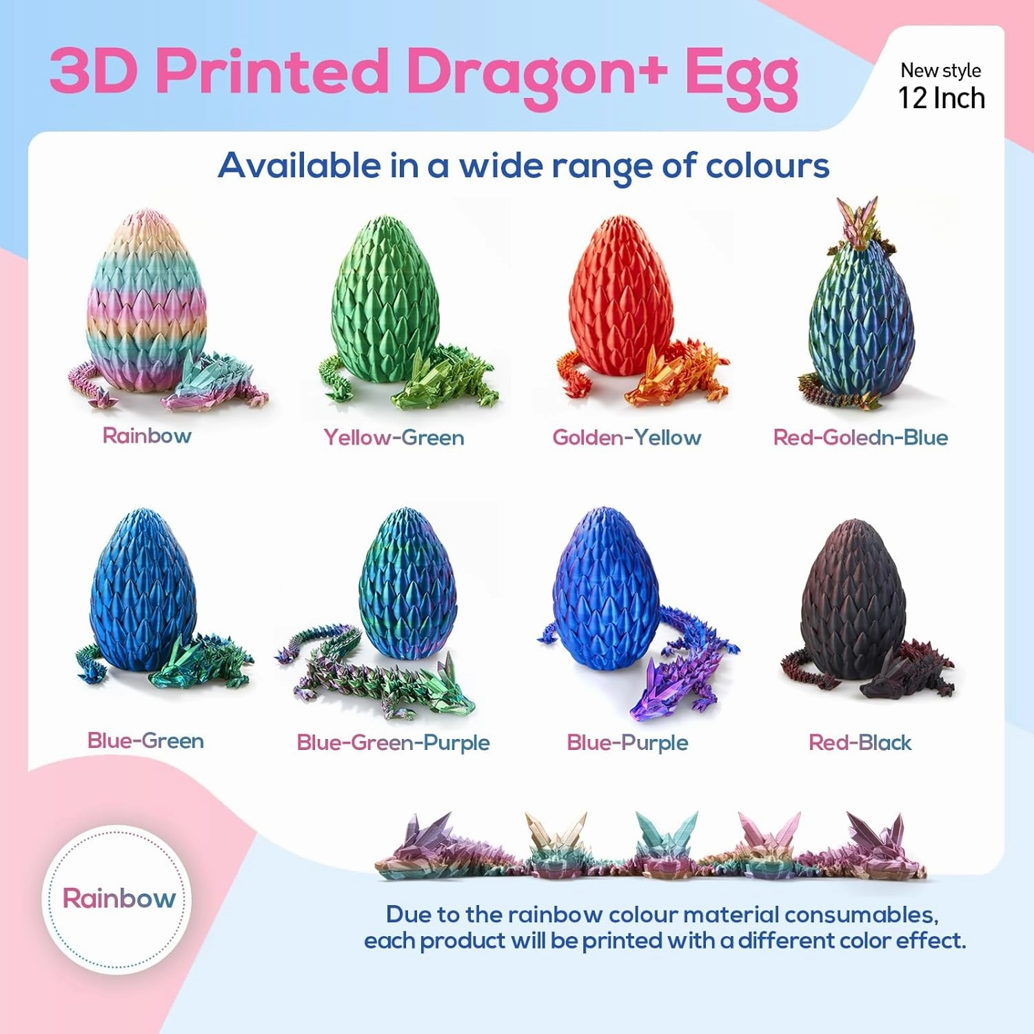 3D Printed Dragon,Dragon Eggs with Dragon Inside,Surprise Dragon Egg Toy,12'' Full Articulated Crystal 3D Dragonls