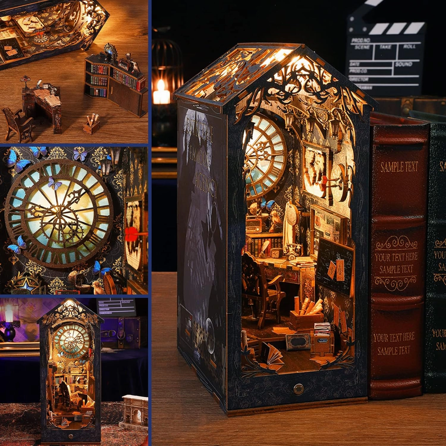 3D Wooden Puzzle Bookends, 2025 New DIY Book Nook Kit, Magic Book House Model Building Kit Insert Decor with Sensor Light, Stand Bookshelf for Home Decorative Books Ornaments (Detective Famous Agency)