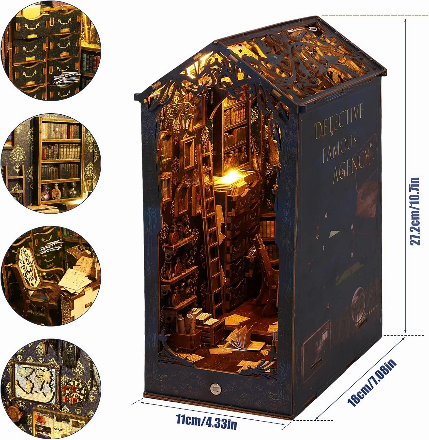 3D Wooden Puzzle Bookends, 2025 New DIY Book Nook Kit, Magic Book House Model Building Kit Insert Decor with Sensor Light, Stand Bookshelf for Home Decorative Books Ornaments (Detective Famous Agency)