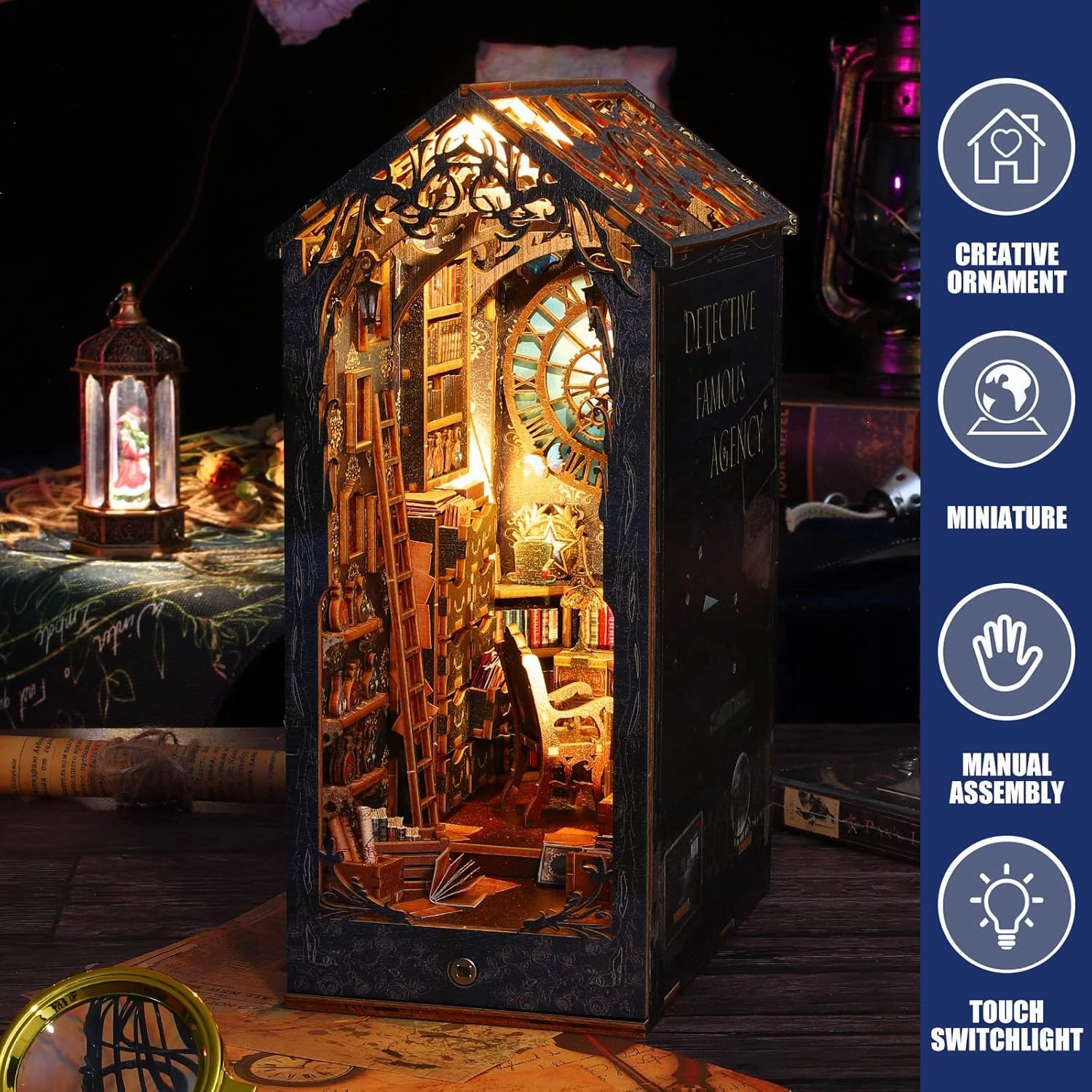 3D Wooden Puzzle Bookends, 2025 New DIY Book Nook Kit, Magic Book House Model Building Kit Insert Decor with Sensor Light, Stand Bookshelf for Home Decorative Books Ornaments (Detective Famous Agency)