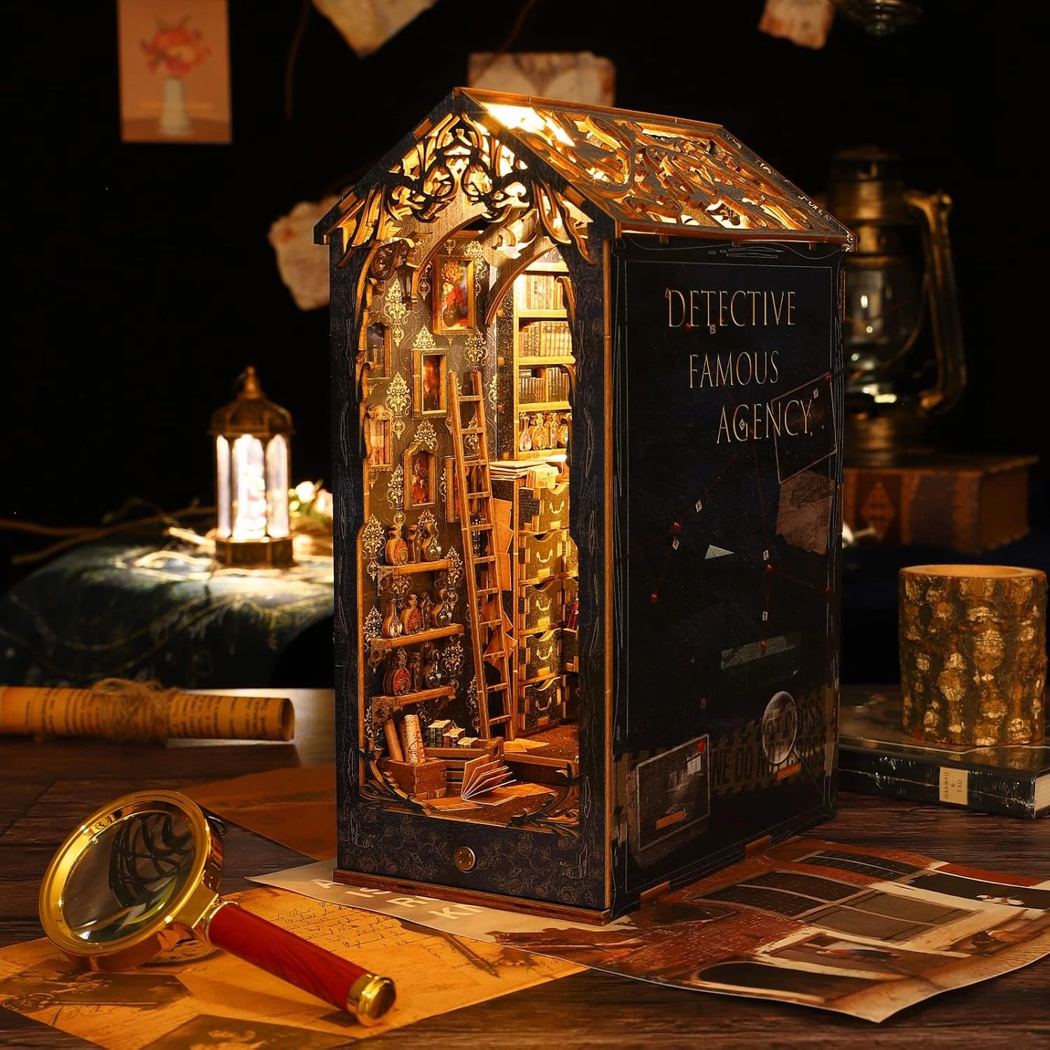 3D Wooden Puzzle Bookends, 2025 New DIY Book Nook Kit, Magic Book House Model Building Kit Insert Decor with Sensor Light, Stand Bookshelf for Home Decorative Books Ornaments (Detective Famous Agency)