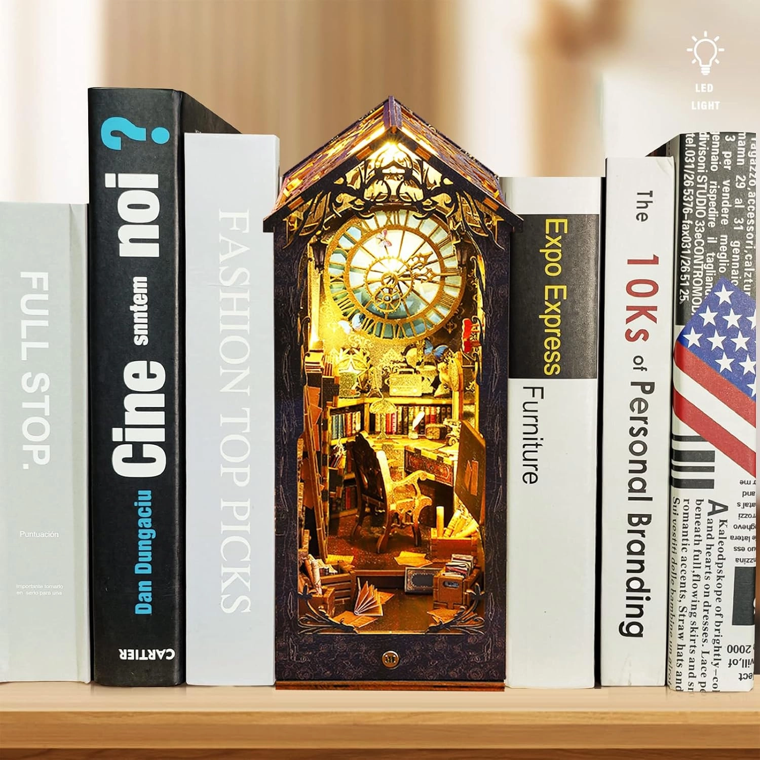3D Wooden Puzzle Bookends, 2025 New DIY Book Nook Kit, Magic Book House Model Building Kit Insert Decor with Sensor Light, Stand Bookshelf for Home Decorative Books Ornaments (Detective Famous Agency)