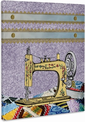 3dRose, Vintage Flowered Yellow Sewing Machine with Colorful Quilt, Museum Grade Canvas Wrap 8x10