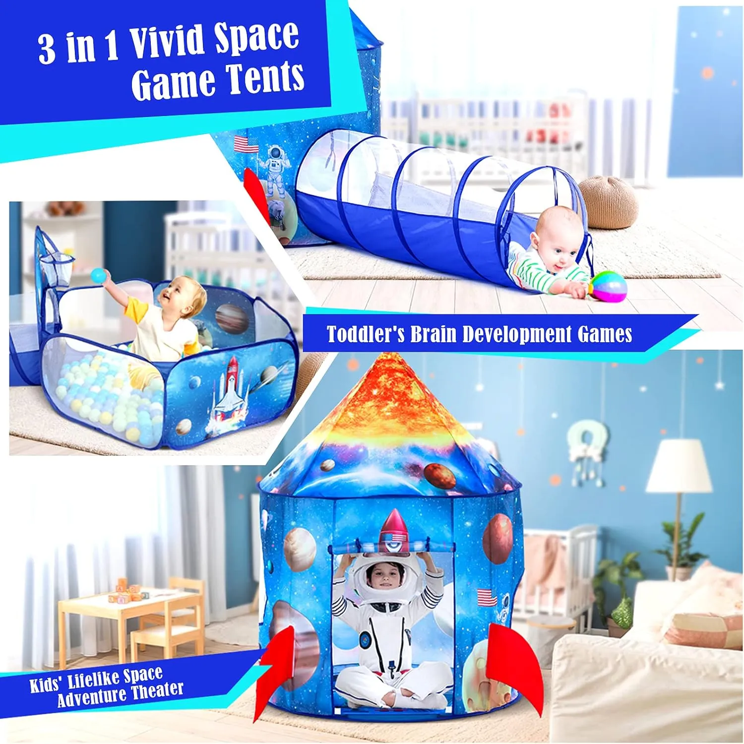 3PC Ball Pits for Toddlers with Kids Play Tent and Kids Tunnel for Boys & Girls, Baby Pop Up Playhouse Toy for Indoor/Outdoor Games, Astronaut Ships Birthday Gifts for Years Old