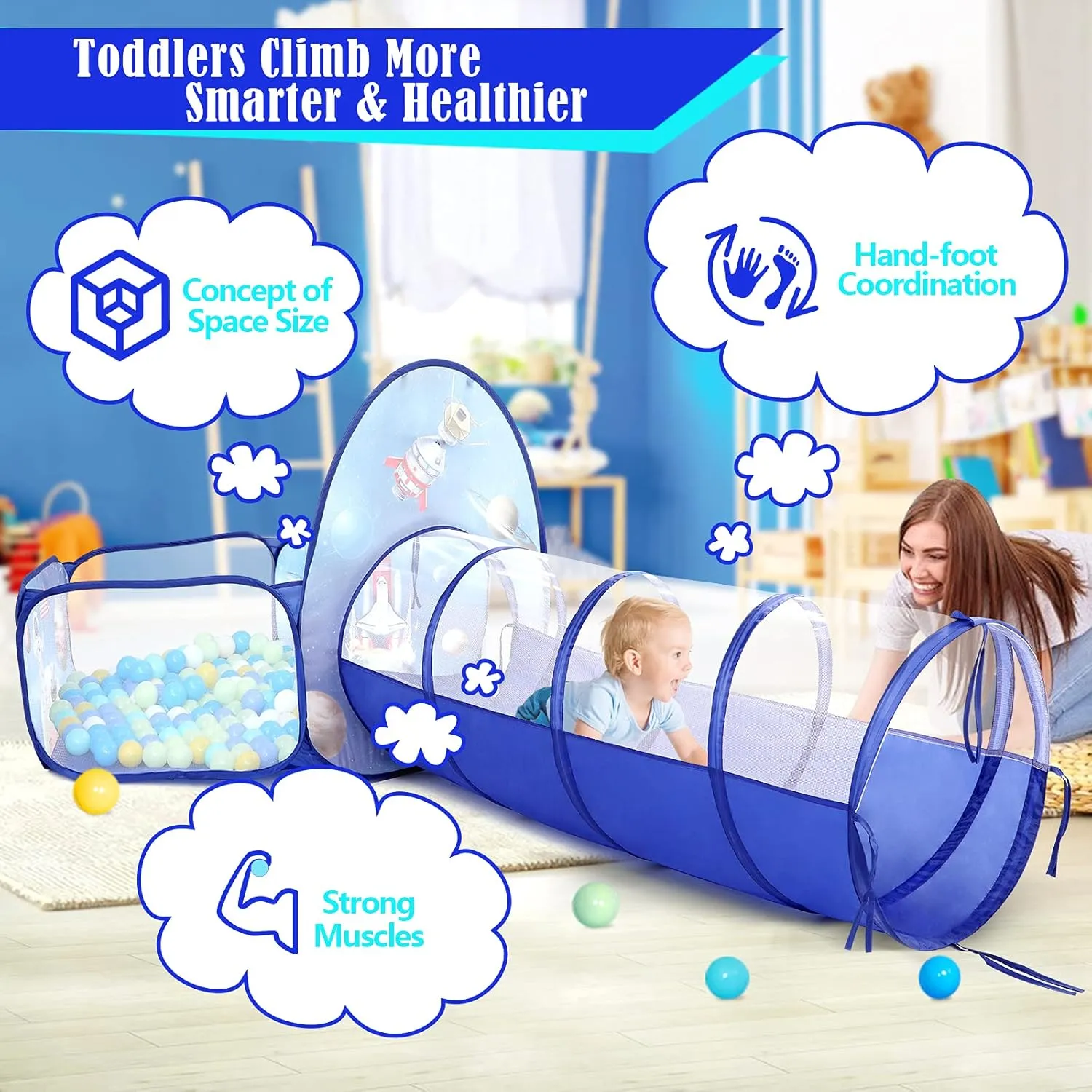 3PC Ball Pits for Toddlers with Kids Play Tent and Kids Tunnel for Boys & Girls, Baby Pop Up Playhouse Toy for Indoor/Outdoor Games, Astronaut Ships Birthday Gifts for Years Old