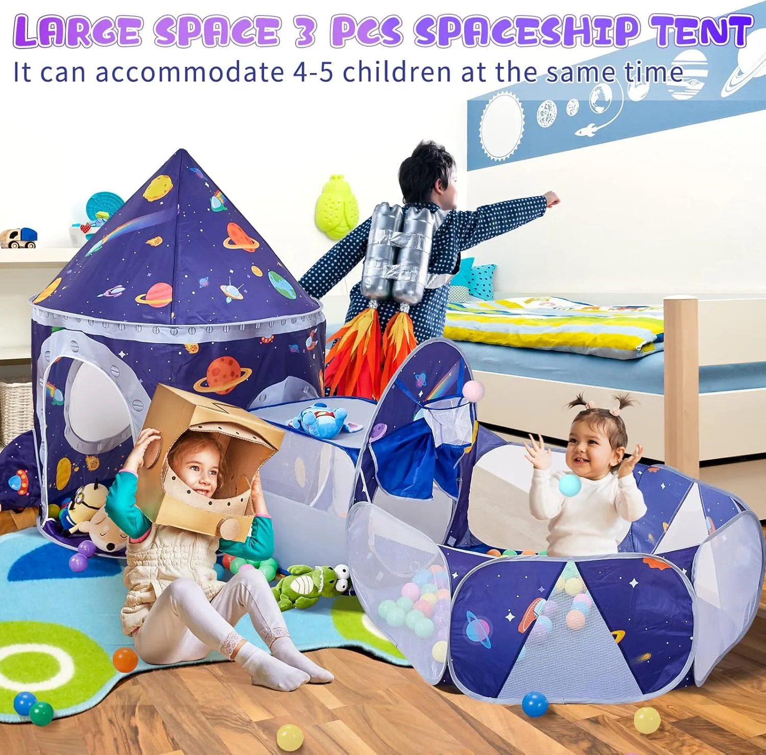 3pc Space Ship Kids Play Tent, Crawl Tunnel, Ball Pit for Toddlers, Indoor Outdoor Playhouse Castle Toys, Baby Boys Girls for 3 4 5 6 7 Years Old (Balls Not Included)